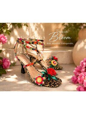 Betsey Johnson Floral Leopard Print Strappy Heels Size 9